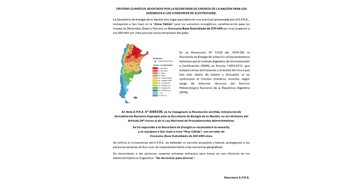 Nación ubicó a San Juan como “Zona Cálida” y EPRE exige una reclasificación. Nación ubicó a San Juan como “Zona Cálida” y EPRE exige una reclasificación.
