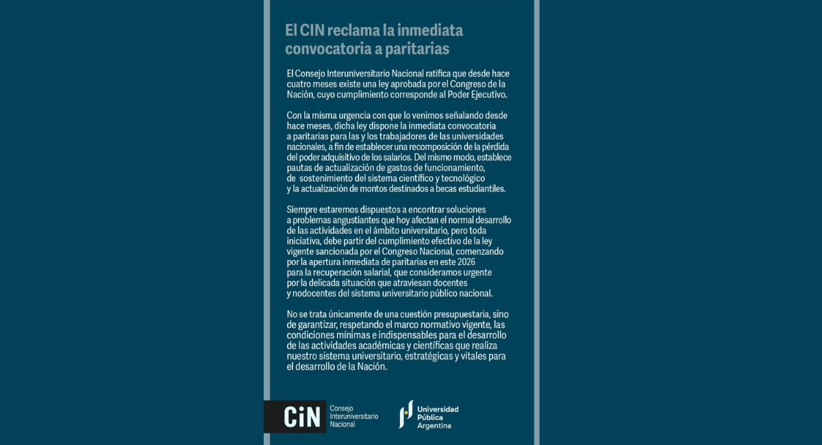 El CIN exige al Gobierno la inmediata convocatoria a paritarias y el cumplimiento de la ley vigente