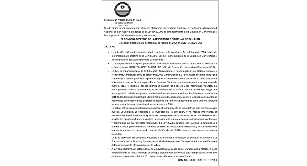 La UNSJ declaró la emergencia salarial y pidió aplicar la Ley de Financiamiento Universitario.