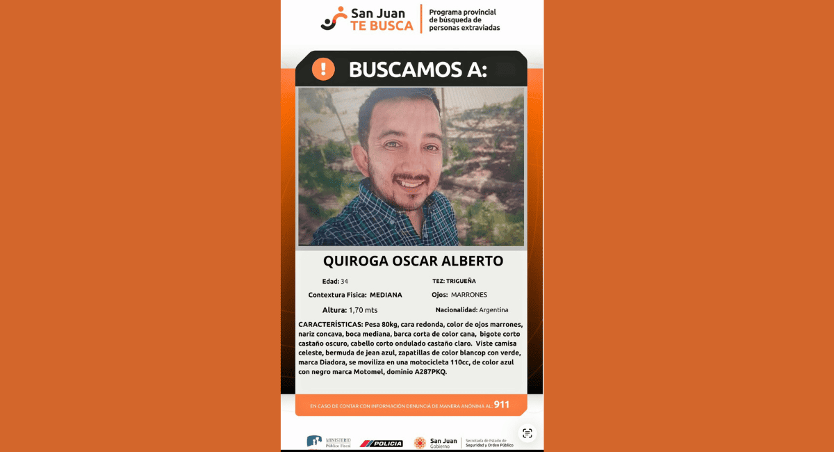 San Juan activa un operativo para encontrar Quiroga Oscar Alberto