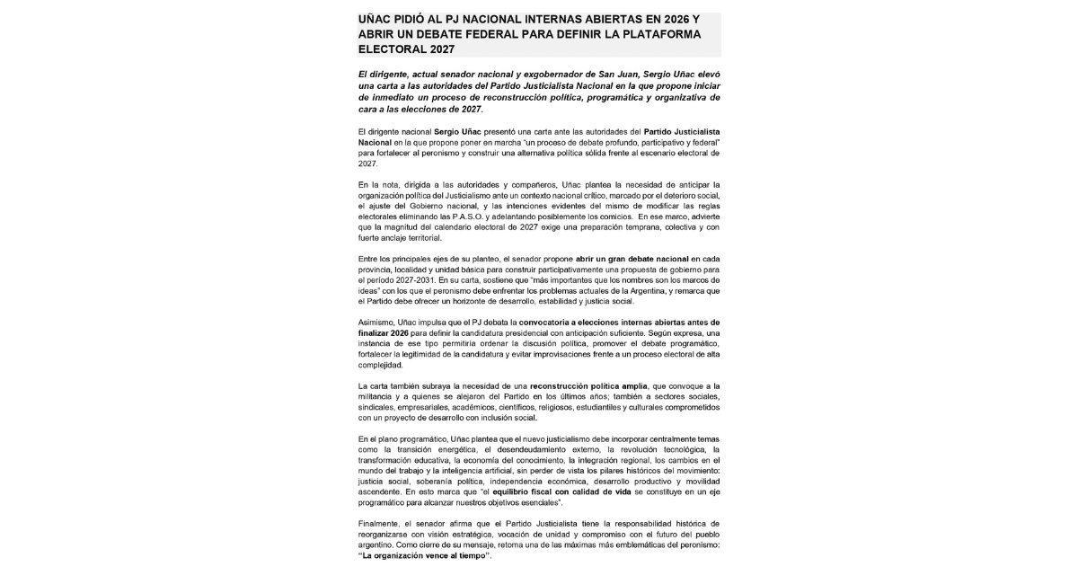 Uñac pide internas abiertas en el PJ ante un eventual adelantamiento electoral en 2027