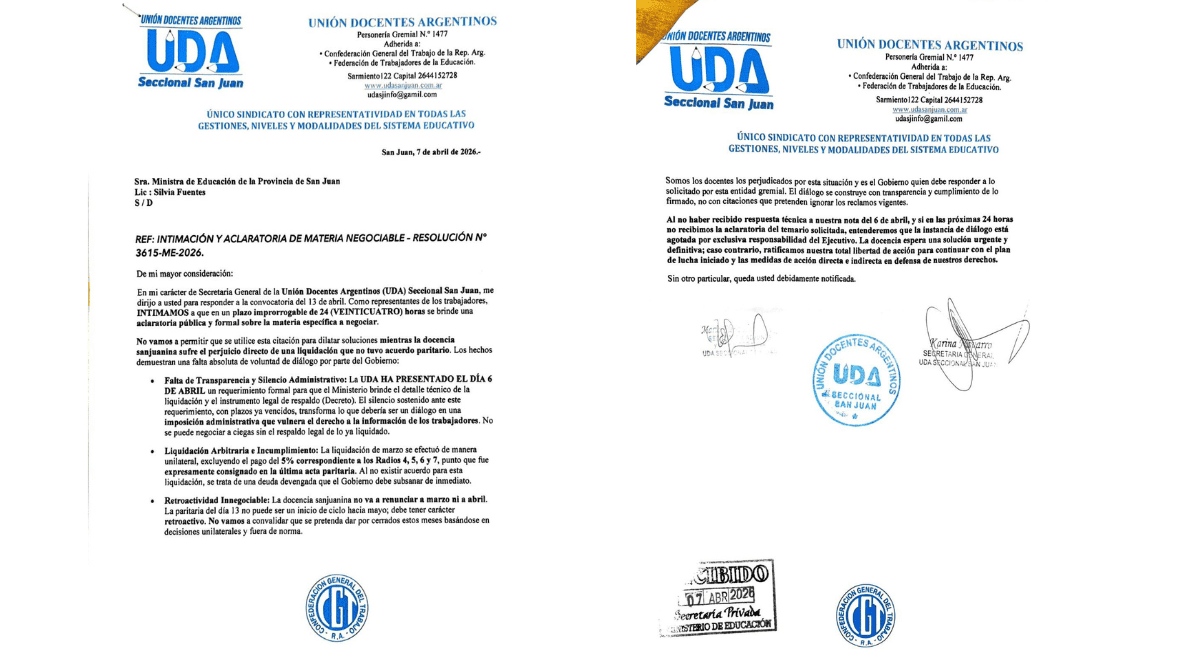 UDA intimó al Ministerio y exige aclaraciones urgentes por liquidaciones y retroactividad. UDA intimó al Ministerio y exige aclaraciones urgentes por liquidaciones y retroactividad.