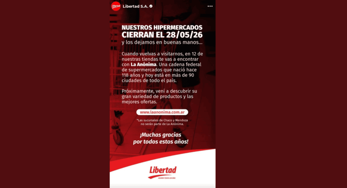 Tras 20 años, Hiper Libertad cerrará el 28 de mayo y pasará a manos de La Anónima.