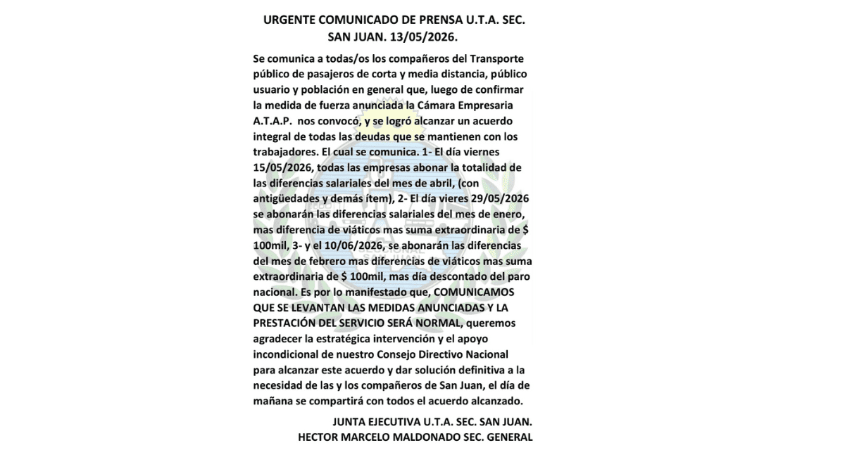 UTA San Juan levantó la medida de fuerza tras un acuerdo con ATAP UTA San Juan levantó la medida de fuerza tras un acuerdo con ATAP