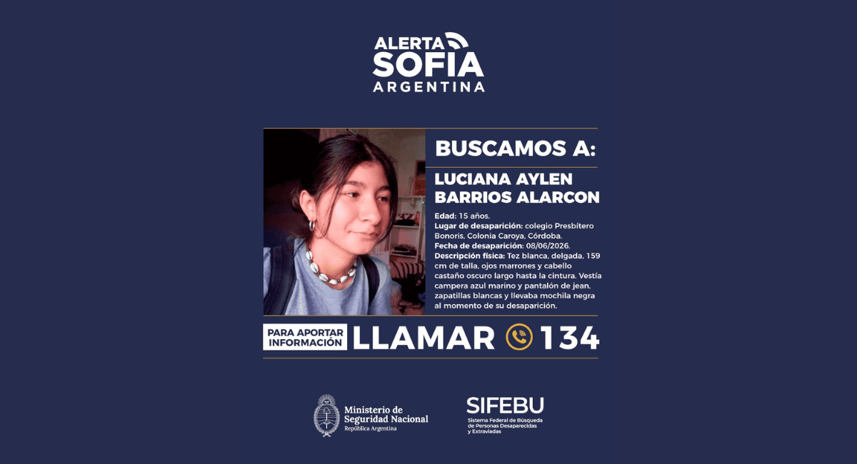 Máxima preocupación en Córdoba: activaron la Alerta Sofía por la desaparición de Luciana Aylén Barrios Alarcón Máxima preocupación en Córdoba: activaron la Alerta Sofía por la desaparición de Luciana Aylén Barrios Alarcón