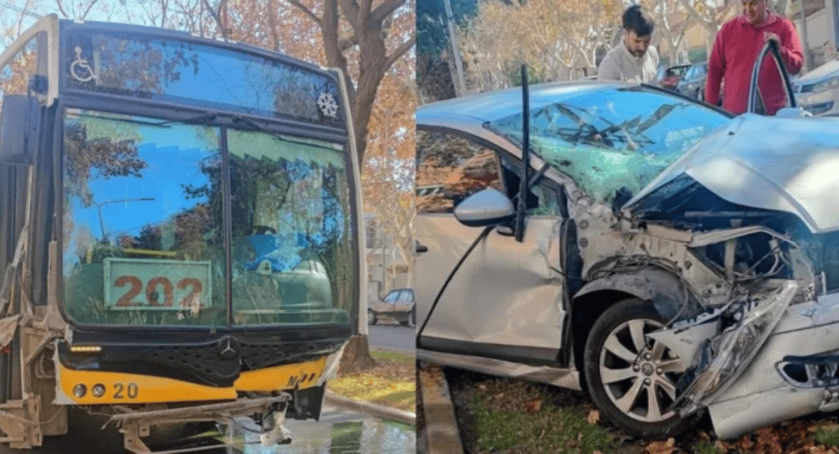 Violento impacto en pleno centro: un colectivo de la Red Tulum y un auto chocaron en una esquina clave de Capital