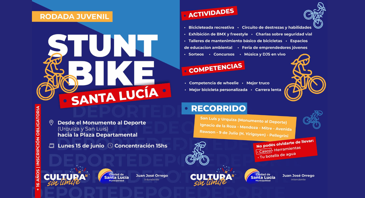 Adrenalina urbana: Santa Lucía convoca a los jóvenes a la rodada y exhibición de "Stunt Bike"