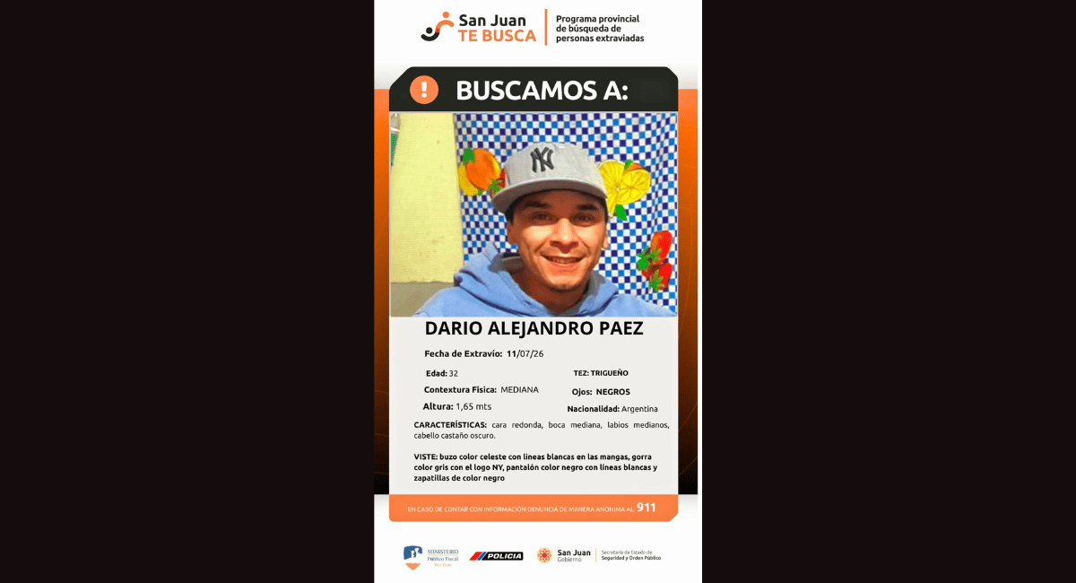 San Juan te Busca: buscan intensamente a Darío Alejandro Páez, de 32 años San Juan te Busca: buscan intensamente a Darío Alejandro Páez, de 32 años