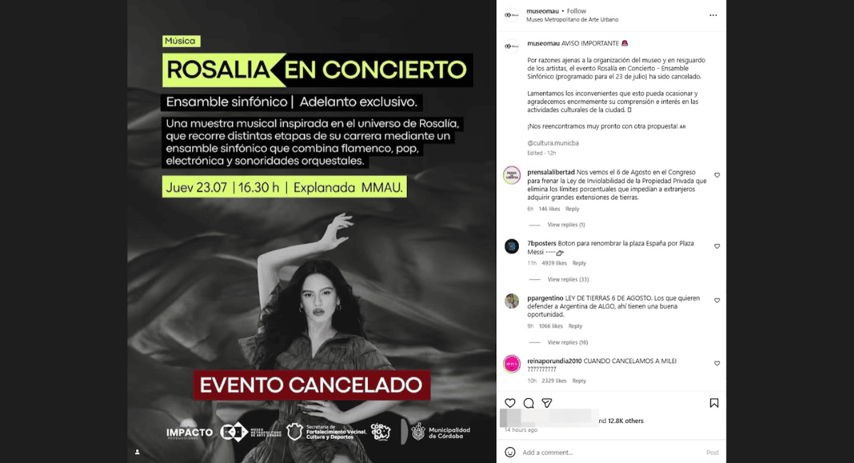 Cancelaron un tributo a Rosalía en Córdoba por miedo a agresiones y escrachen. Cancelaron un tributo a Rosalía en Córdoba por miedo a agresiones y escrachen.