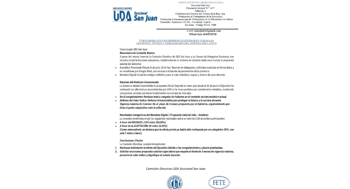 ¡Rotundo no! El 99% de los docentes de UDA rechazó la oferta salarial del Gobierno. ¡Rotundo no! El 99% de los docentes de UDA rechazó la oferta salarial del Gobierno.