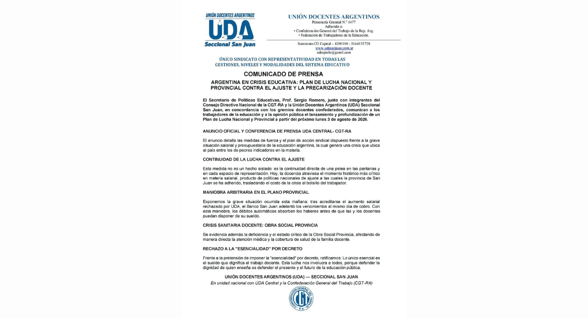 Paro docente en San Juan: UDA, UDAP y AMET paran el lunes 3 Paro docente en San Juan: UDA, UDAP y AMET paran el lunes 3