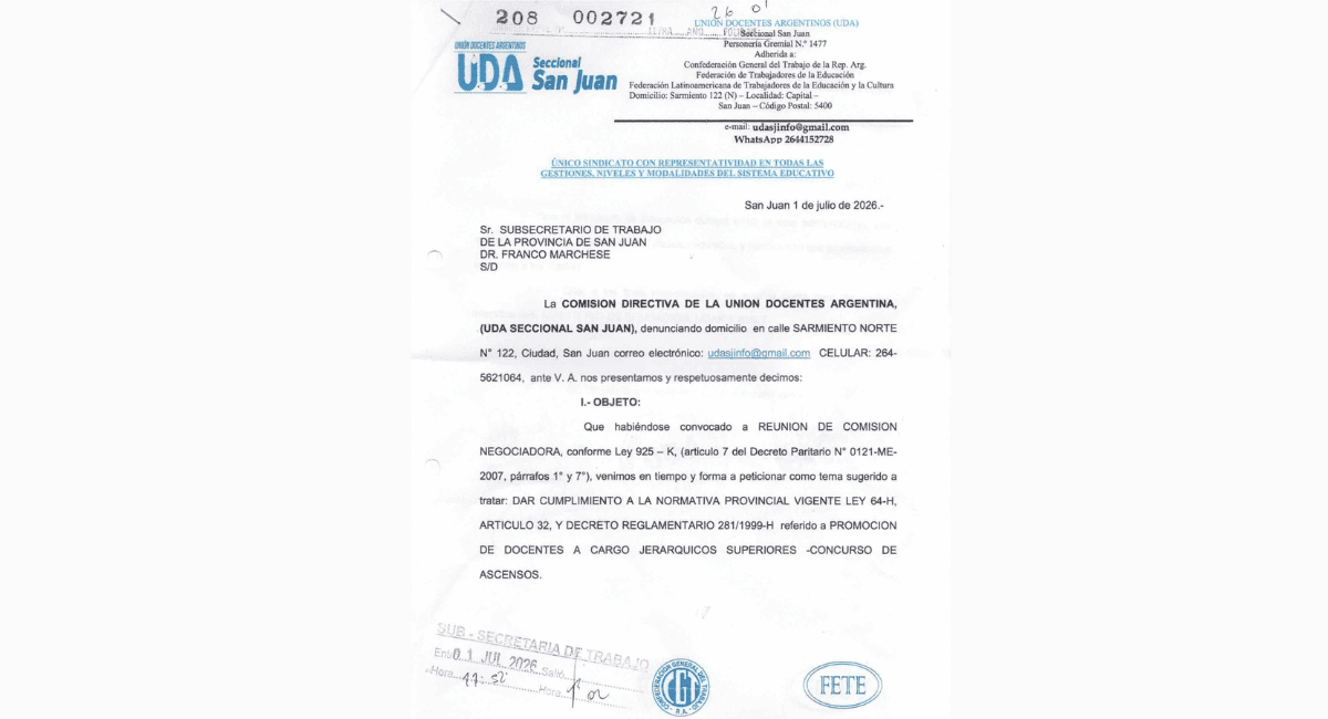 UDA reclamó que se trate el concurso de ascenso docente en San Juan. UDA reclamó que se trate el concurso de ascenso docente en San Juan.